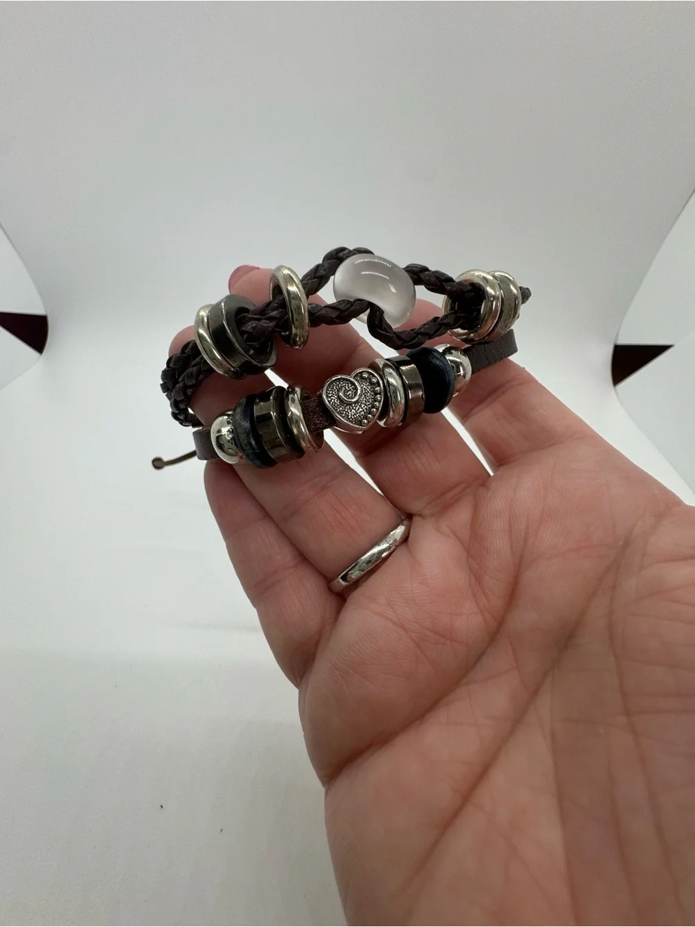 Brown Braided Leather Unisex Bracelet with multi Accents- Pullcord style